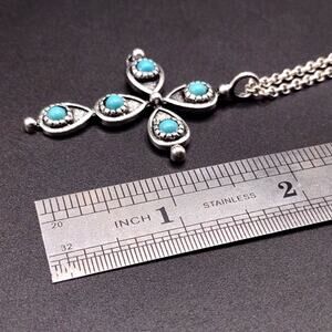 Sterling Silver Necklace w/ Cross Turquoise Teardrop Pendant Southwestern Boho